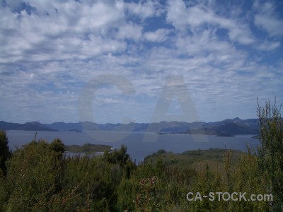 Blue landscape water lake mountain.