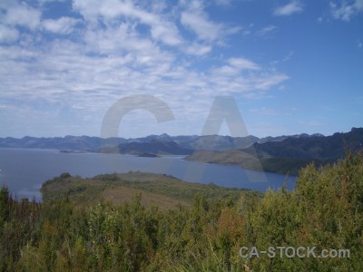 Mountain blue lake water landscape.