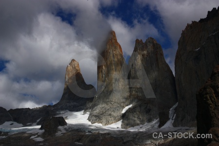 Mountain torres del paine tower cliff south america.
