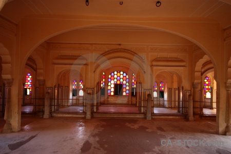Multicolor glass inside asia archway.