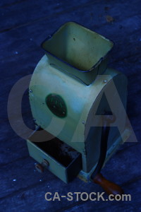 Scientific coffee grinder blue object.