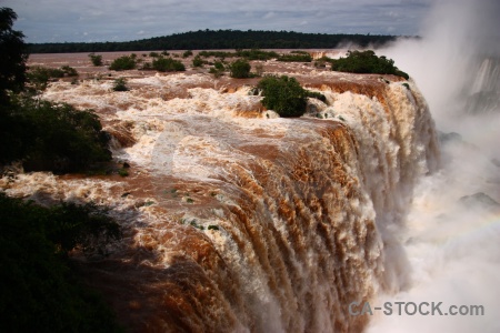 Spray water tree waterfall iguazu river.