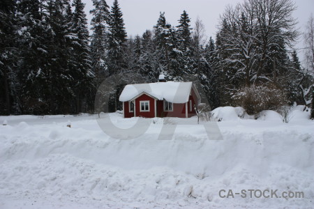 Winter snow landscape house.